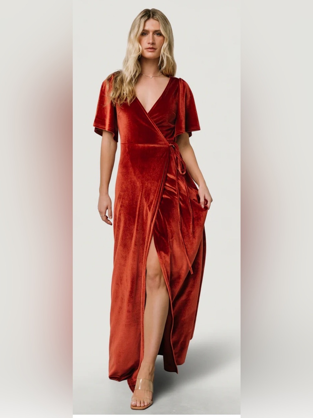Baltic Born Meghan Velvet Wrap Maxi Dress in Rust / Spice